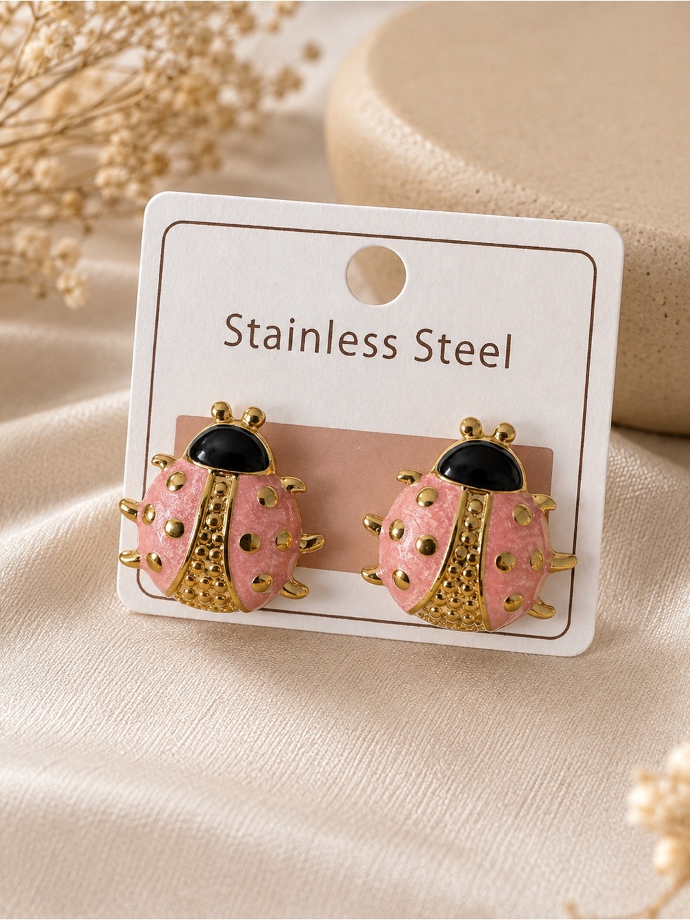 Gold-Tone Pink Ladybug Stainless Steel Stud Earrings